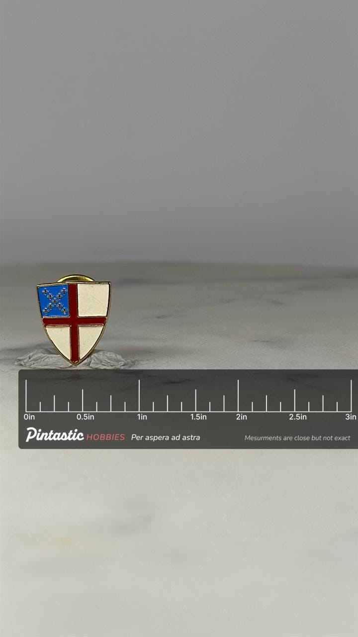 Episcopal Shield Lapel Pin: Red Cross & Blue Canton - Faith Heritage Accessory with ruler overlay for size reference