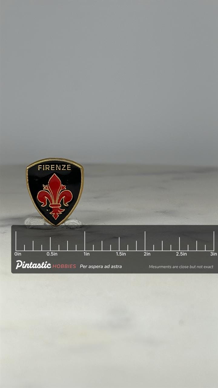 Firenze Travel Shield Pin: Black and Red Enamel - Italy Souvenir Accessory with ruler overlay for size reference