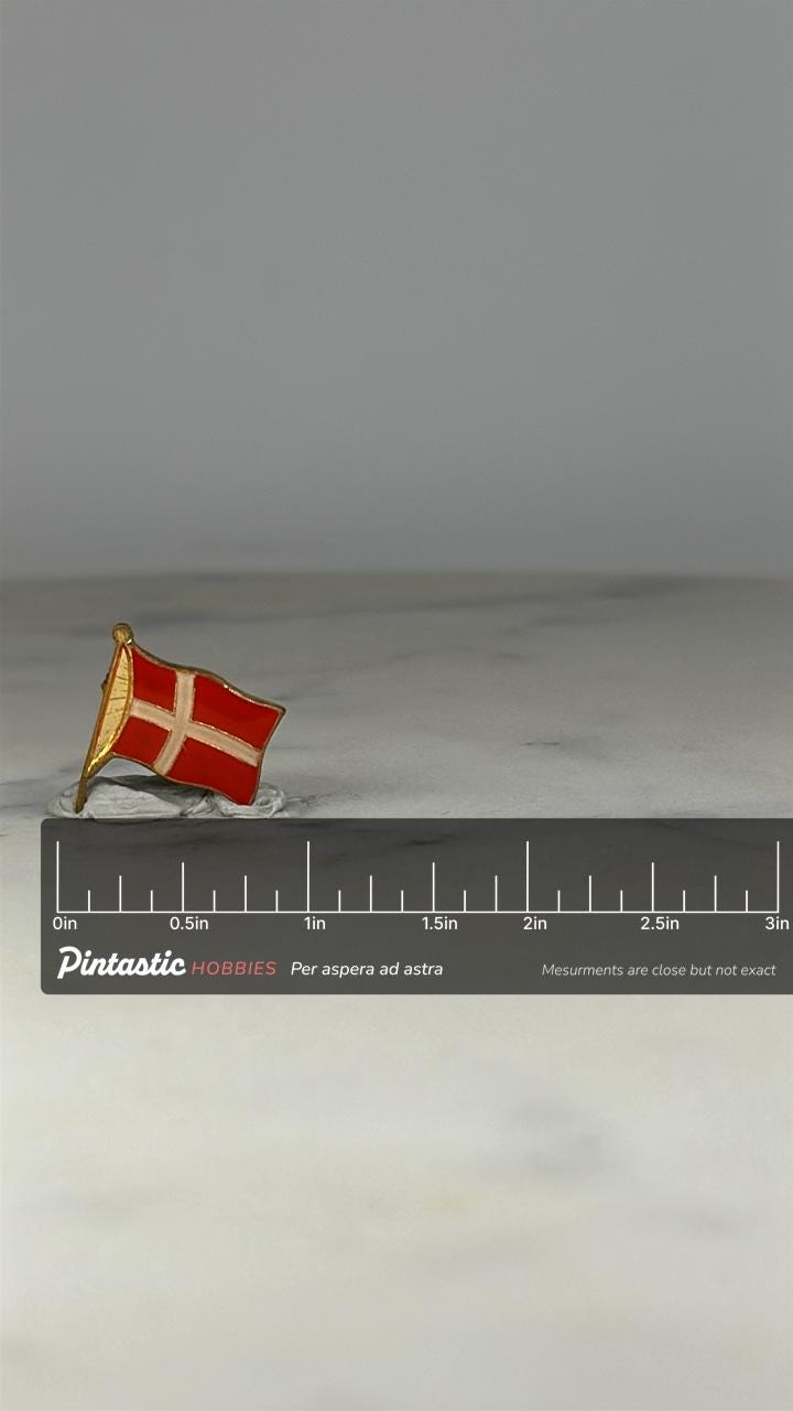 Denmark Flag Lapel Pin: Red Enamel Gold Trim - Vintage Travel Accessory with ruler overlay for size reference
