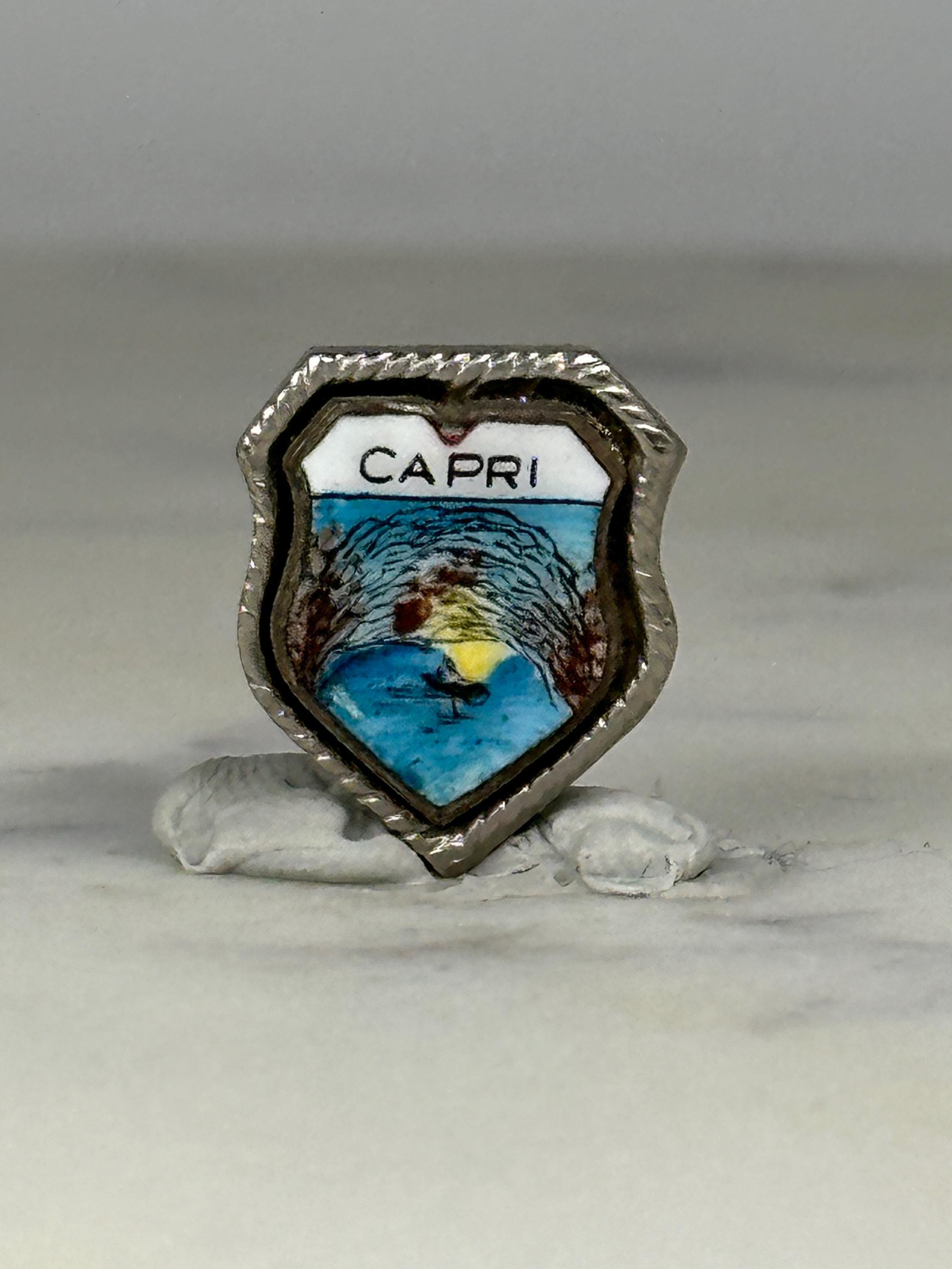Capri Shield Travel Pin: Enamel Silver-Tone - Vintage Souvenir Accessory