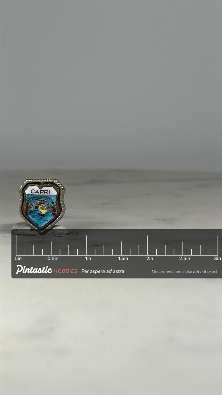 Capri Shield Travel Pin: Enamel Silver-Tone - Vintage Souvenir Accessory with ruler overlay for size reference