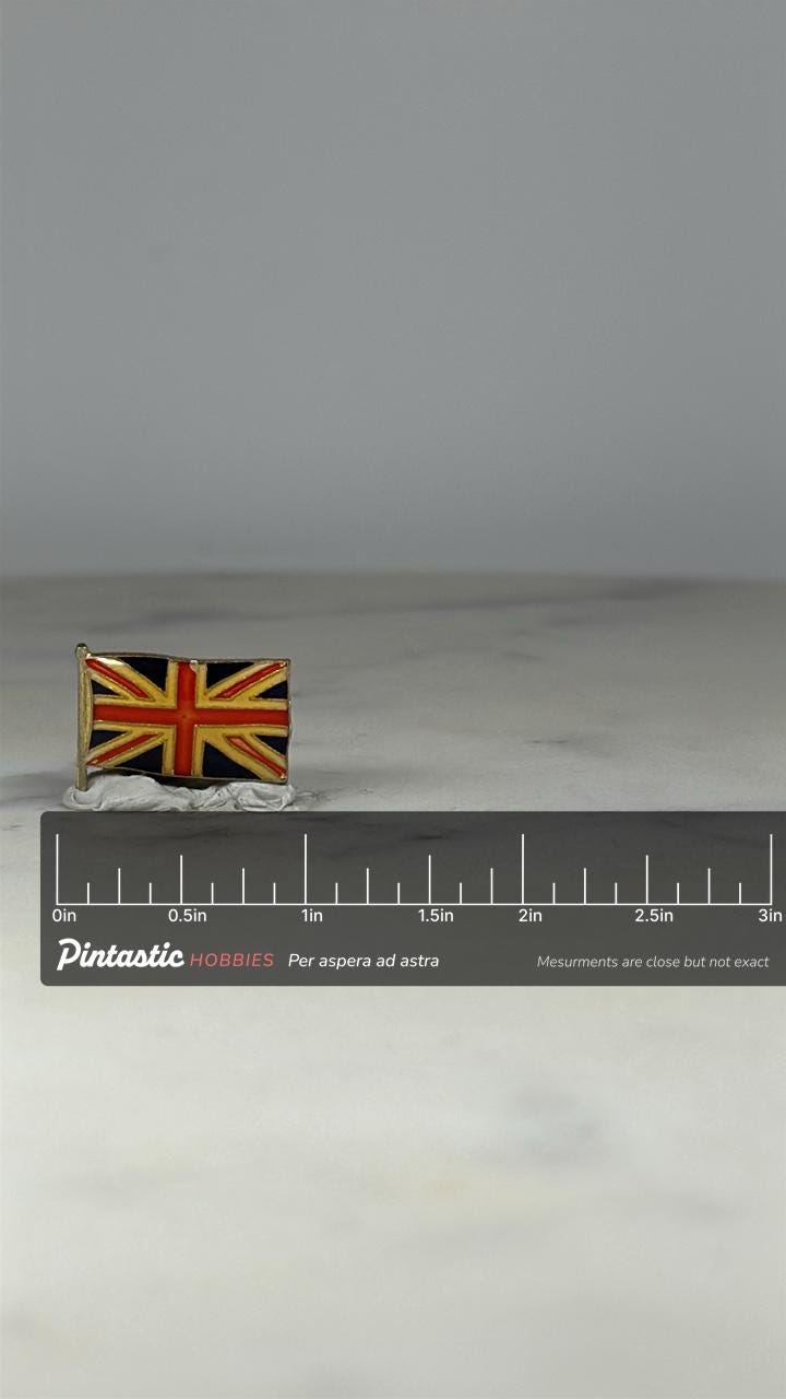 UK Union Jack Flag Pin: Gold Tone Enamel - Vintage Travel Accessory with ruler overlay for size reference