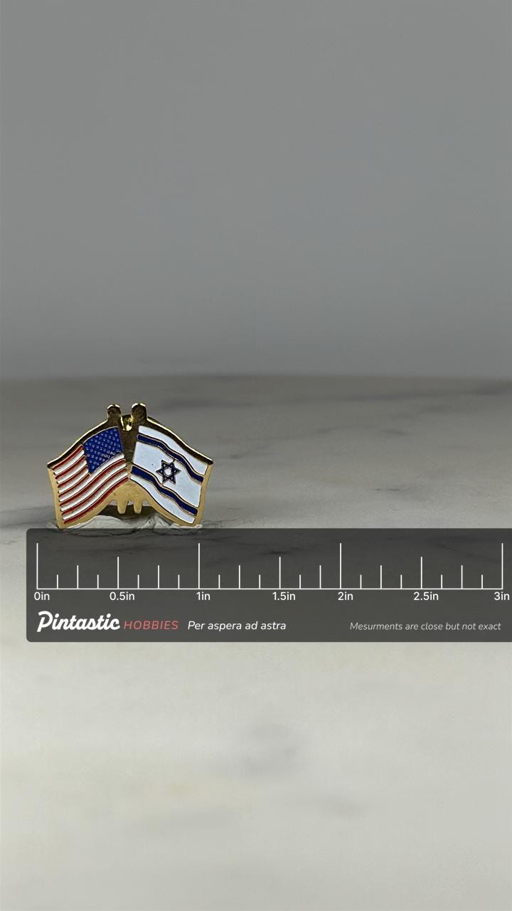 USA & Israel Flag Pin: Gold Tone Enamel - Diplomatic Friendship Accessory with ruler overlay for size reference