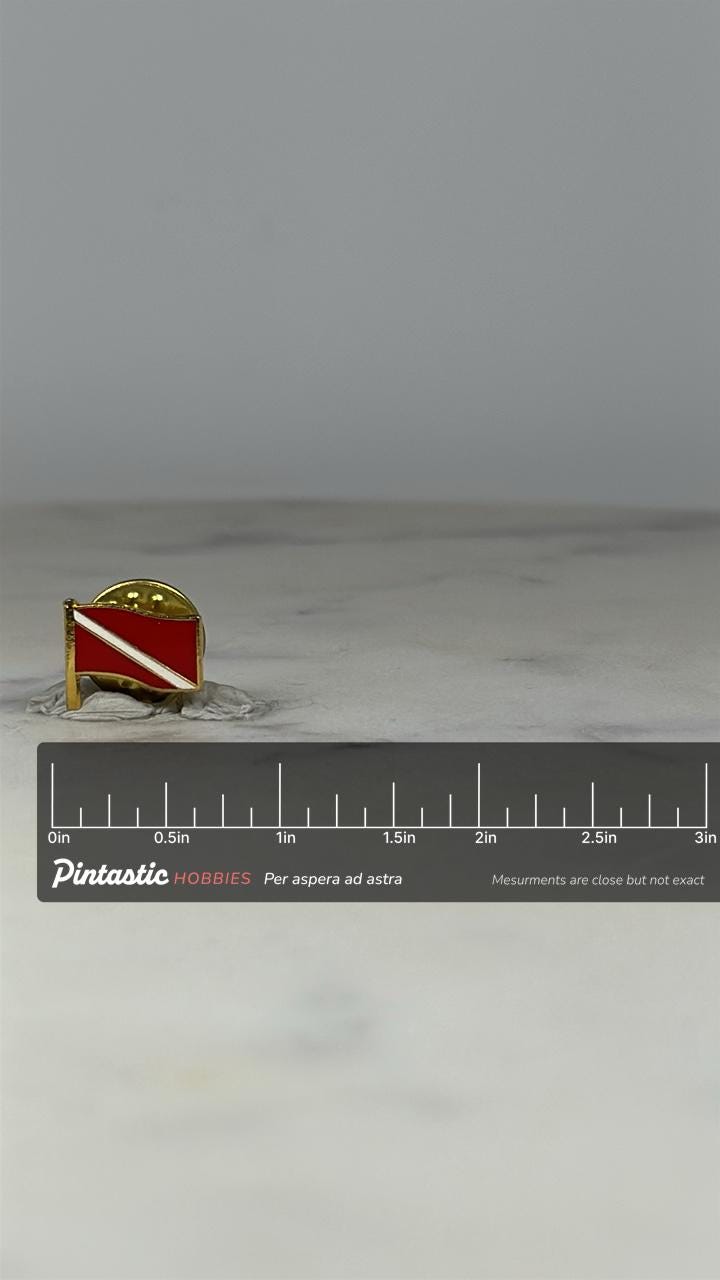 Scuba Diver Down Flag Pin: Red & White Enamel - Nautical Accessory with ruler overlay for size reference