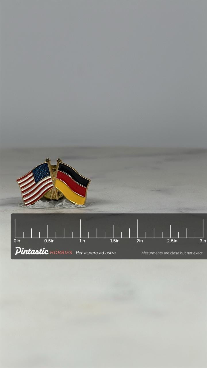 USA Germany Flag Pin: Enamel Gold Tone - Diplomatic Theme Accessory with ruler overlay for size reference