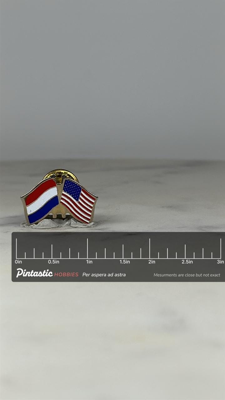 Netherlands USA Flag Pin: Gold-Tone Enamel - Diplomatic Unity Accessory with ruler overlay for size reference