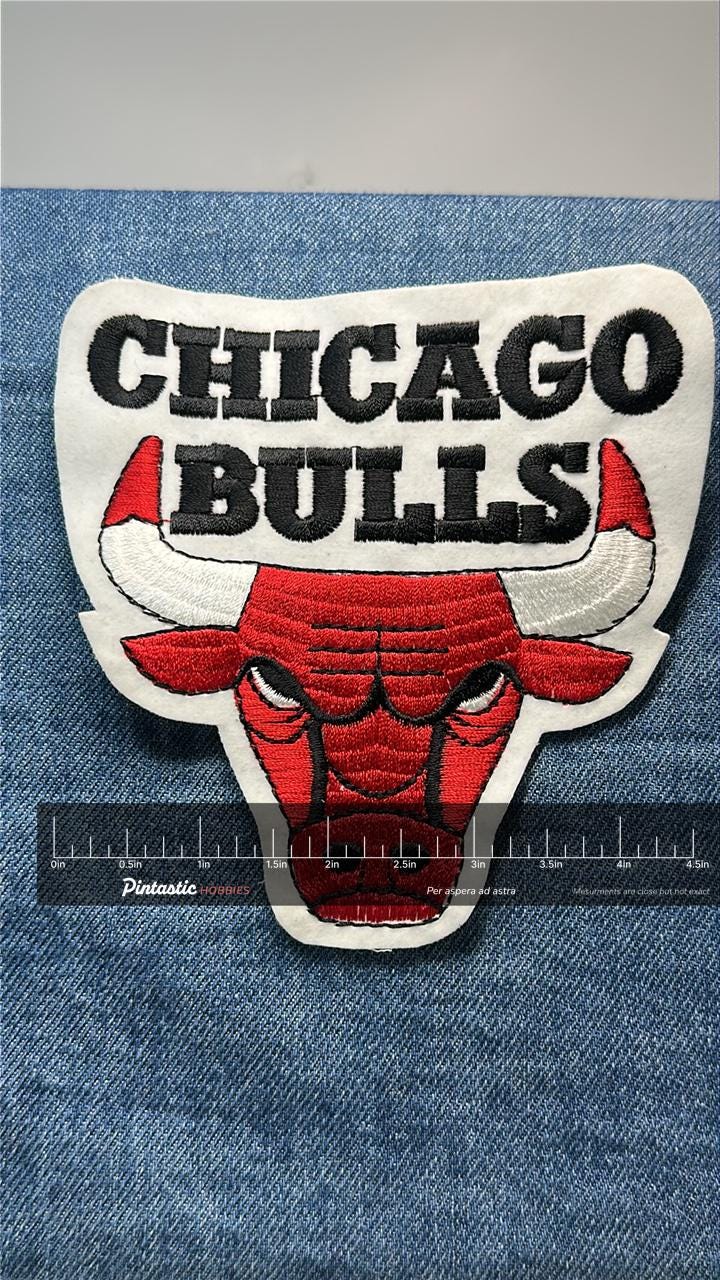 Chicago Bulls Patch: Sew-On Bold Red & Black - Vintage Sports Accessory with ruler overlay for size reference