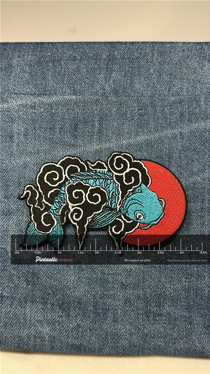 Koi Fish Patch: Iron-On Black/Red Finish - Asian Art Accessory with ruler overlay for size reference