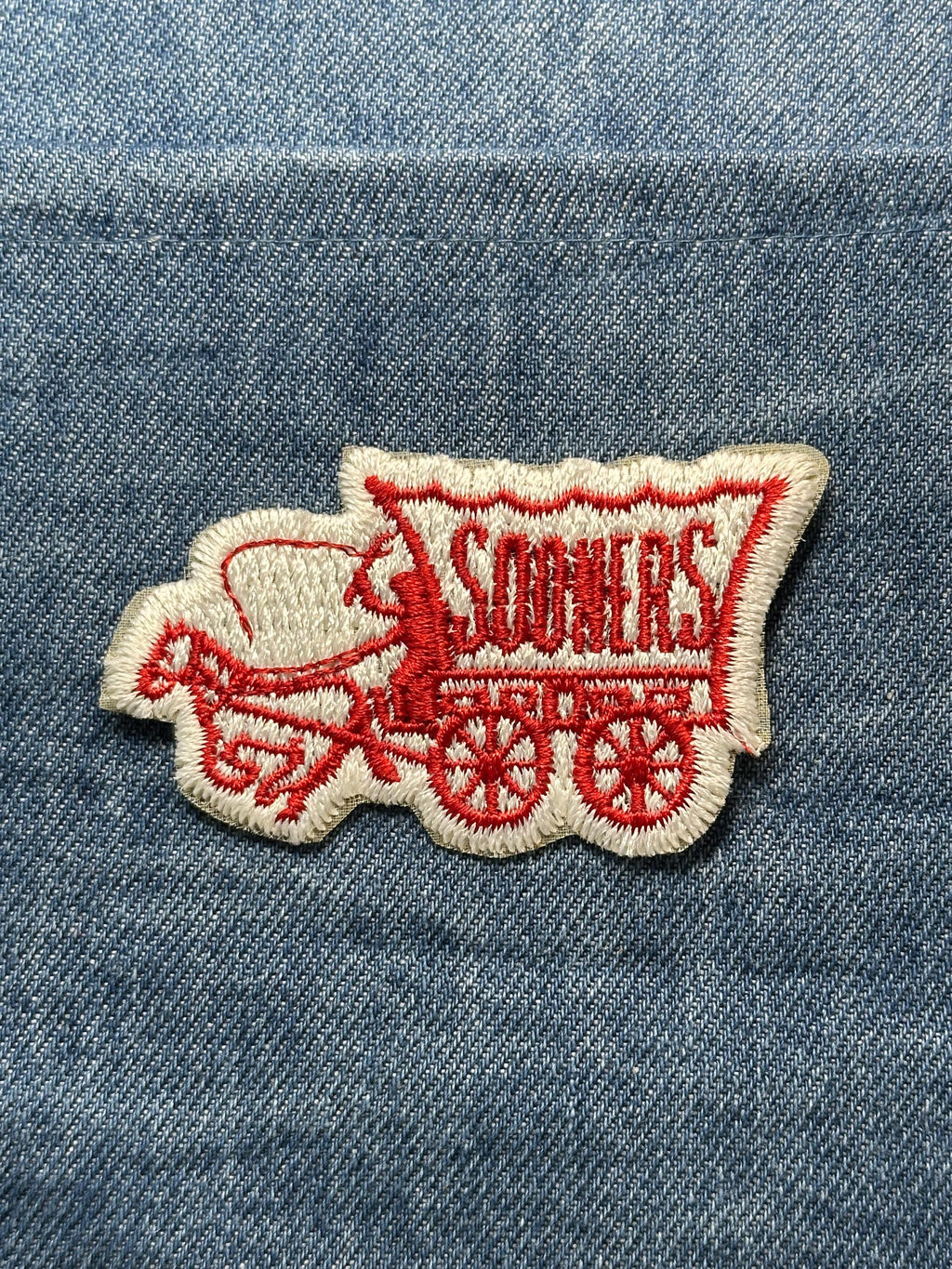 Oklahoma Sooners Patch: Iron-On Red & White Wagon - Vintage Sports Accessory