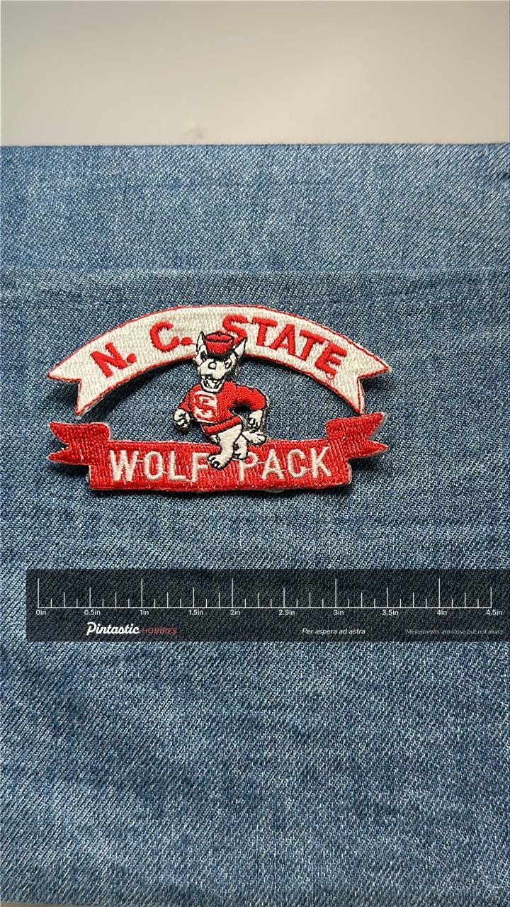 NC State Wolfpack Collectable Patch: Iron-On Red & White - Vintage College Accessory with ruler overlay for size reference