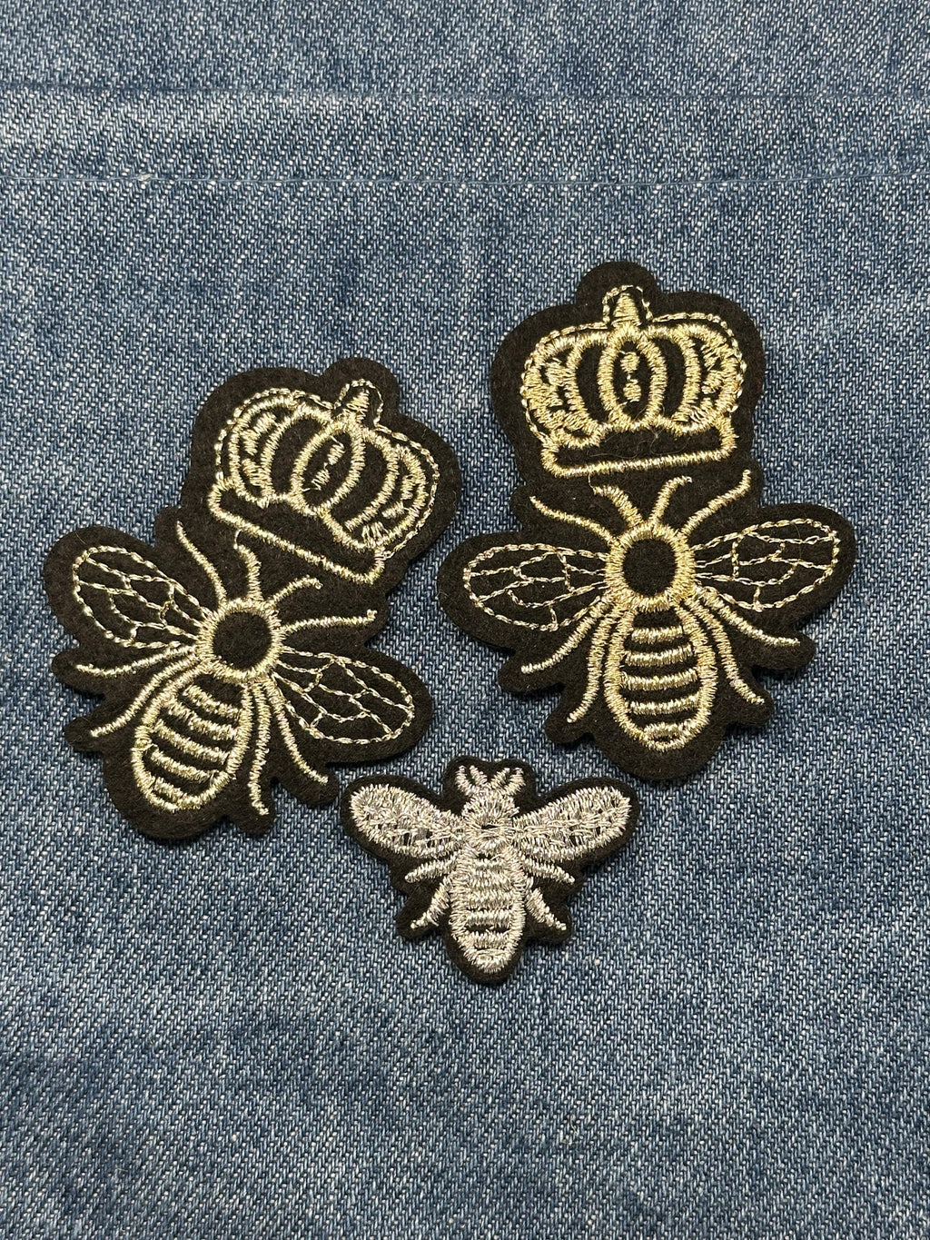 Bee with Crown Patch Set: Iron-On Gold Black - Royal Theme Accessory