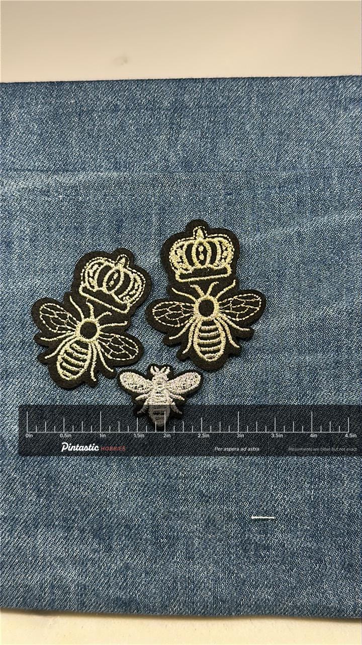 Bee with Crown Patch Set: Iron-On Gold Black - Royal Theme Accessory with ruler overlay for size reference