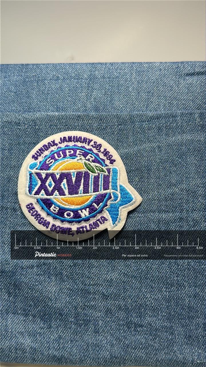 Super Bowl XXVIII Collectable Patch: Iron-On Felt Finish - 1994 Sports Accessory with ruler overlay for size reference