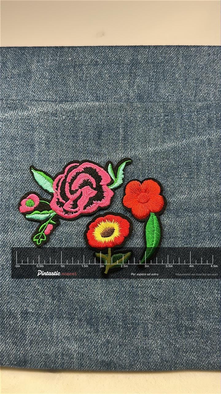 Floral Patch Set: Iron-On Colorful Garden - Retro Accessory with ruler overlay for size reference