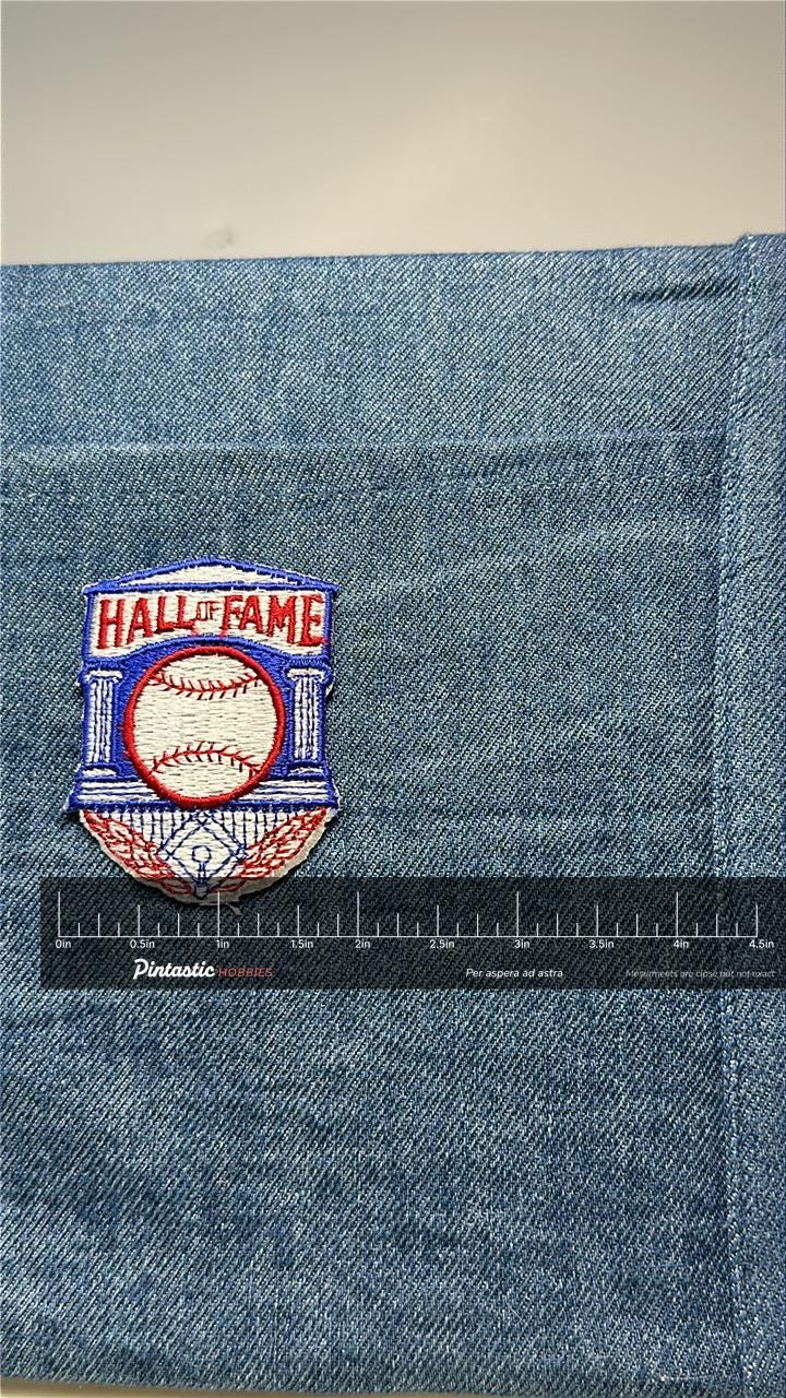 Hall of Fame Baseball Collectable Patch: Iron-On Red White Blue - Retro Sports Accessory with ruler overlay for size referenc