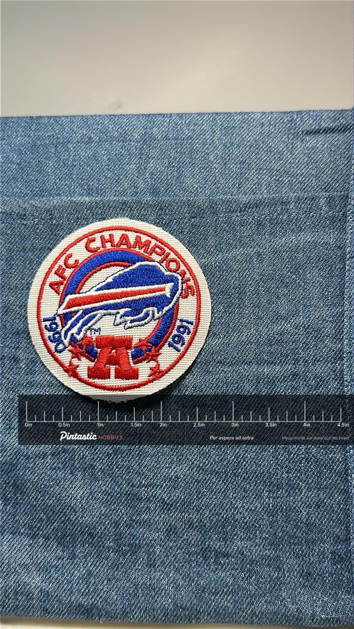 Buffalo Bills AFC Champions Collectable Patch: Iron-On Red White Blue - 1990s Accessory with ruler overlay for size reference