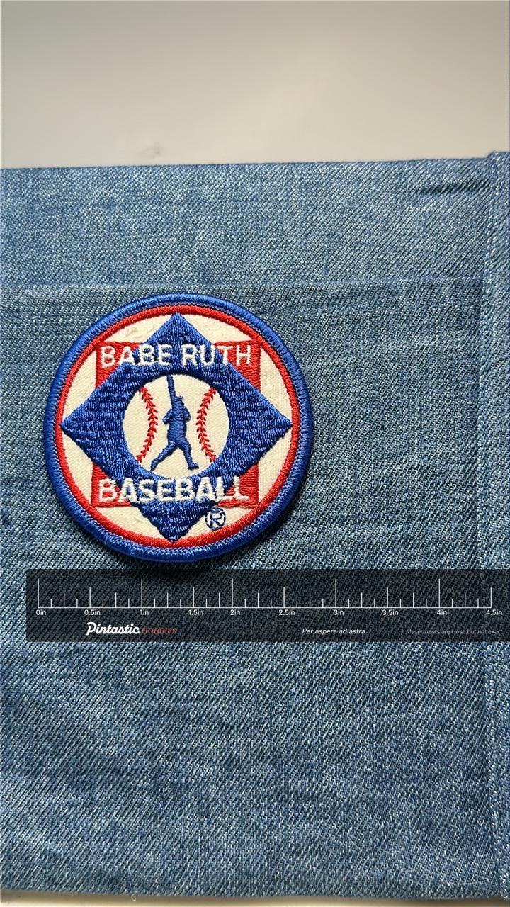 Babe Ruth Baseball Patch: Iron-On Blue/Red - Vintage Sports Accessory with ruler overlay for size reference