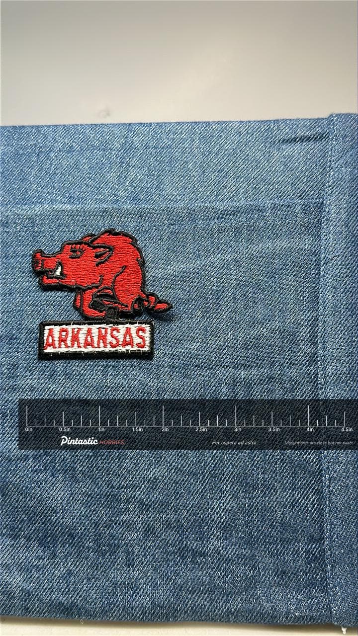 Arkansas Razorbacks Collectable Patch: Iron-On Red Black - Retro College Accessory with ruler overlay for size reference