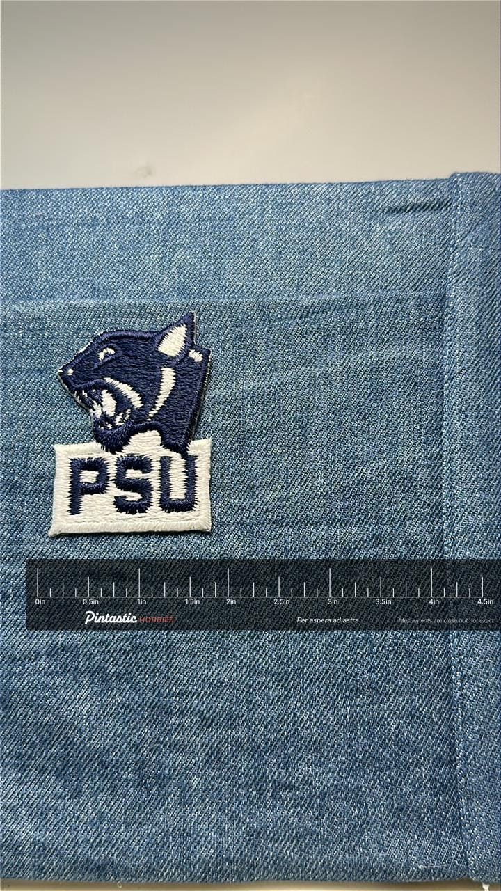 Vintage PSU Patch: Iron-On Blue & White - College Mascot Accessory with ruler overlay for size reference