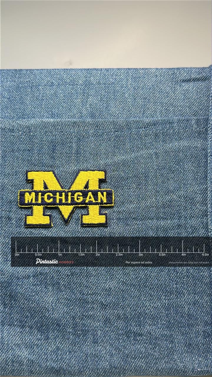 Michigan Collectable Patch: Iron-On Yellow & Navy - Vintage College Accessory with ruler overlay for size reference