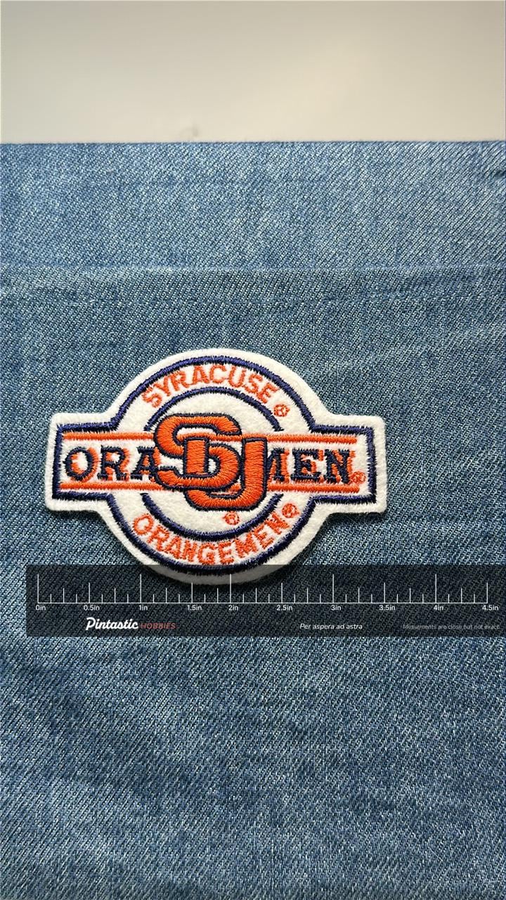 Syracuse Orangemen Collectable Patch: Iron-On Collegiate Orange/White - Retro Sports Accessory with ruler overlay for size re