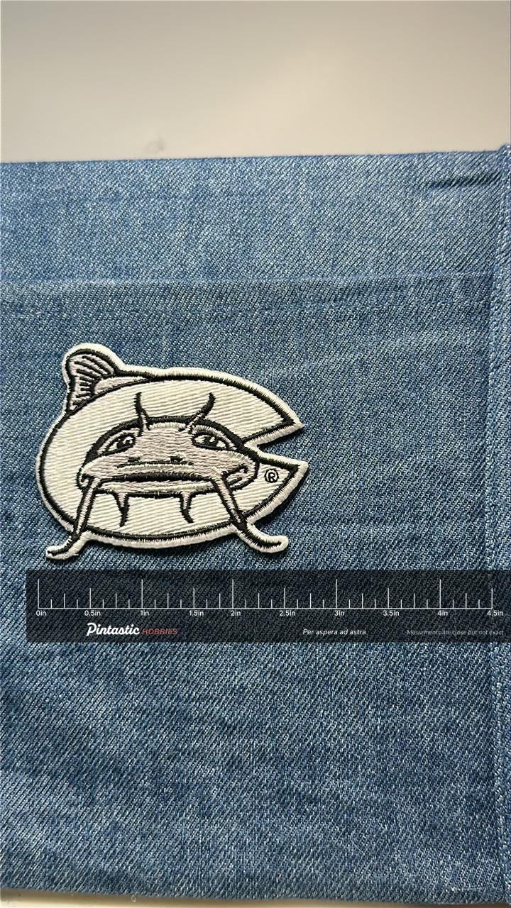 Carolina Mudcats Single-A Baseball Patch: Iron-On Gray & White - Sports Accessory with ruler overlay for size reference