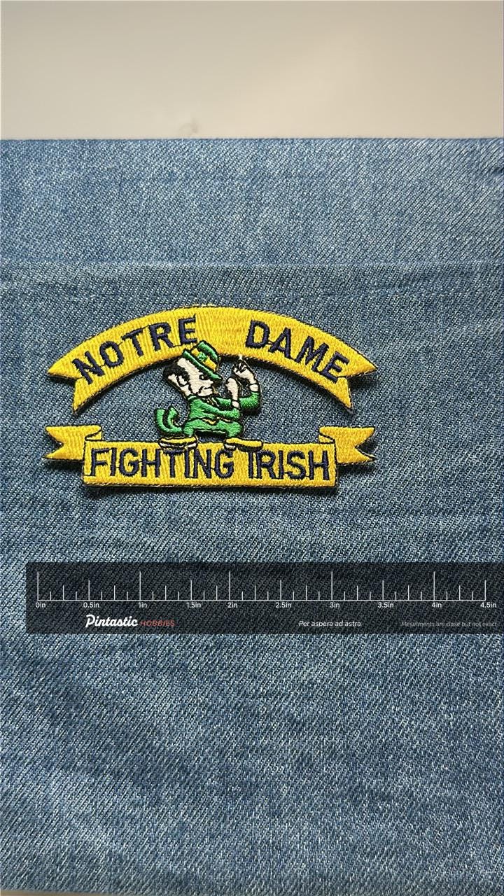Notre Dame Fighting Irish Collectable Patch: Iron-On Yellow Banner - College Accessory with ruler overlay for size reference