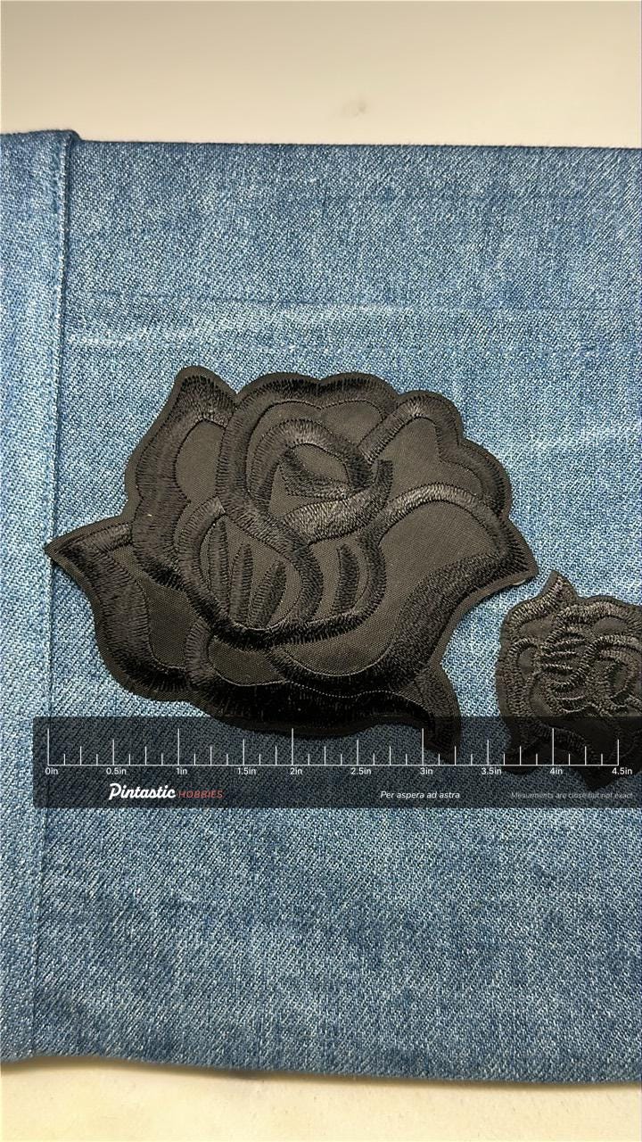 Black Rose Patch Set: Iron-On Matte Finish - Gothic Accessory with ruler overlay for size reference