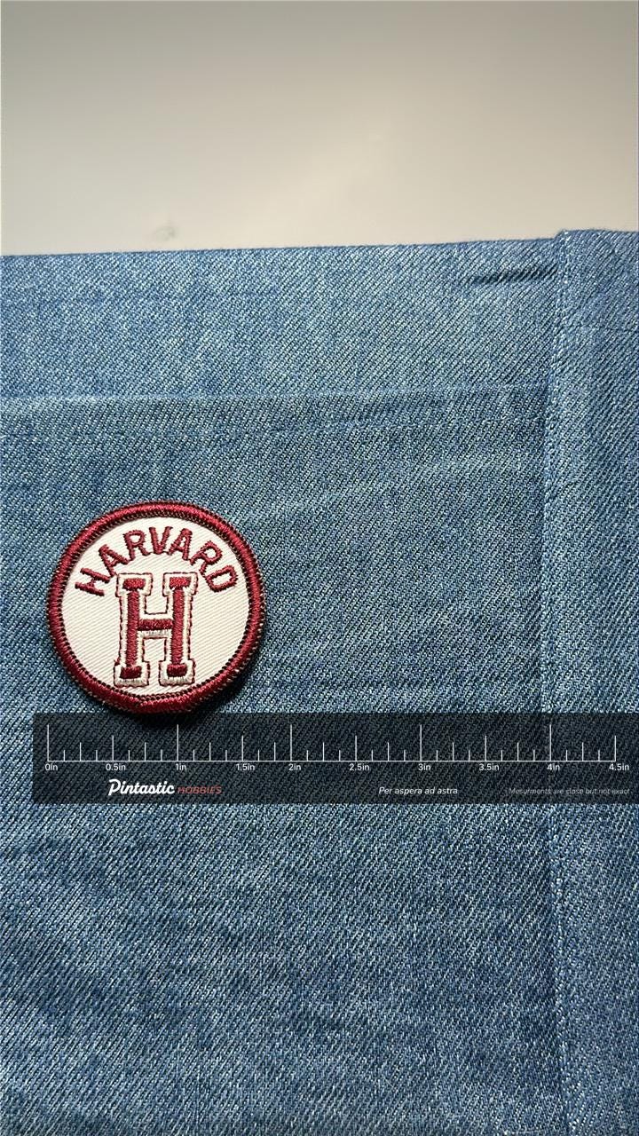 Harvard Collectable Patch: Iron-On Maroon & White - Vintage College Accessory with ruler overlay for size reference