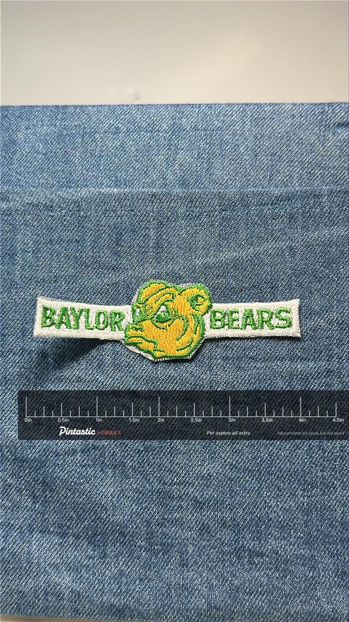 Baylor Bears Collectable Patch: Iron-On Green & Yellow - College Accessory with ruler overlay for size reference