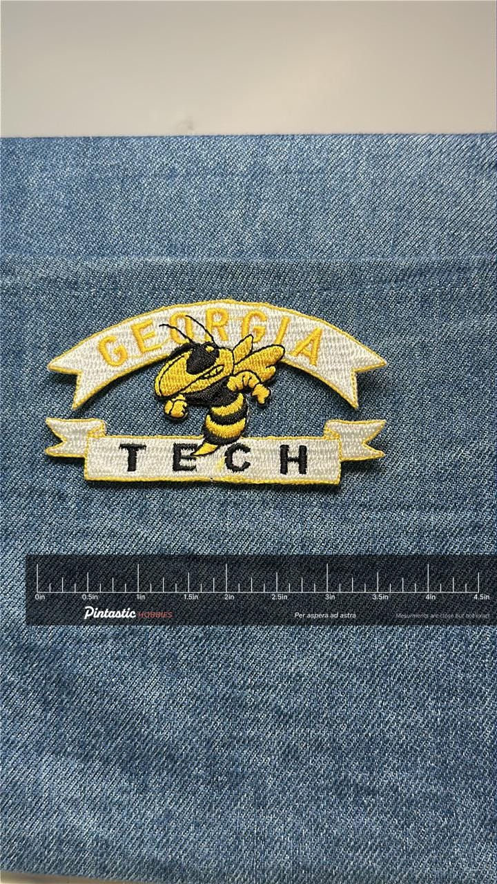 Georgia Tech Collectable Patch: Iron-On Yellow/White Finish - College Accessory with ruler overlay for size reference