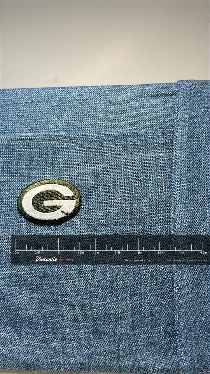 Small Green Bay Packers Patch: Iron-On Classic Green/White - Vintage NFL Accessory with ruler overlay for size reference