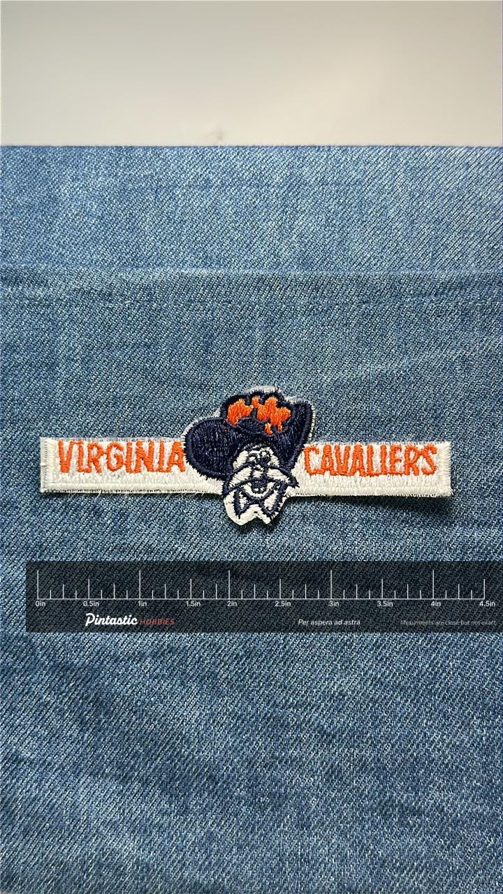 Virginia Cavaliers Patch: Iron-On White & Orange - Vintage College Accessory with ruler overlay for size reference