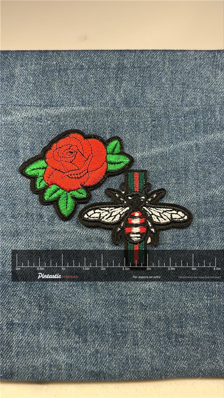 Rose & Bee Patch Set: Iron-On Bold Color - Nature Theme Accessory with ruler overlay for size reference