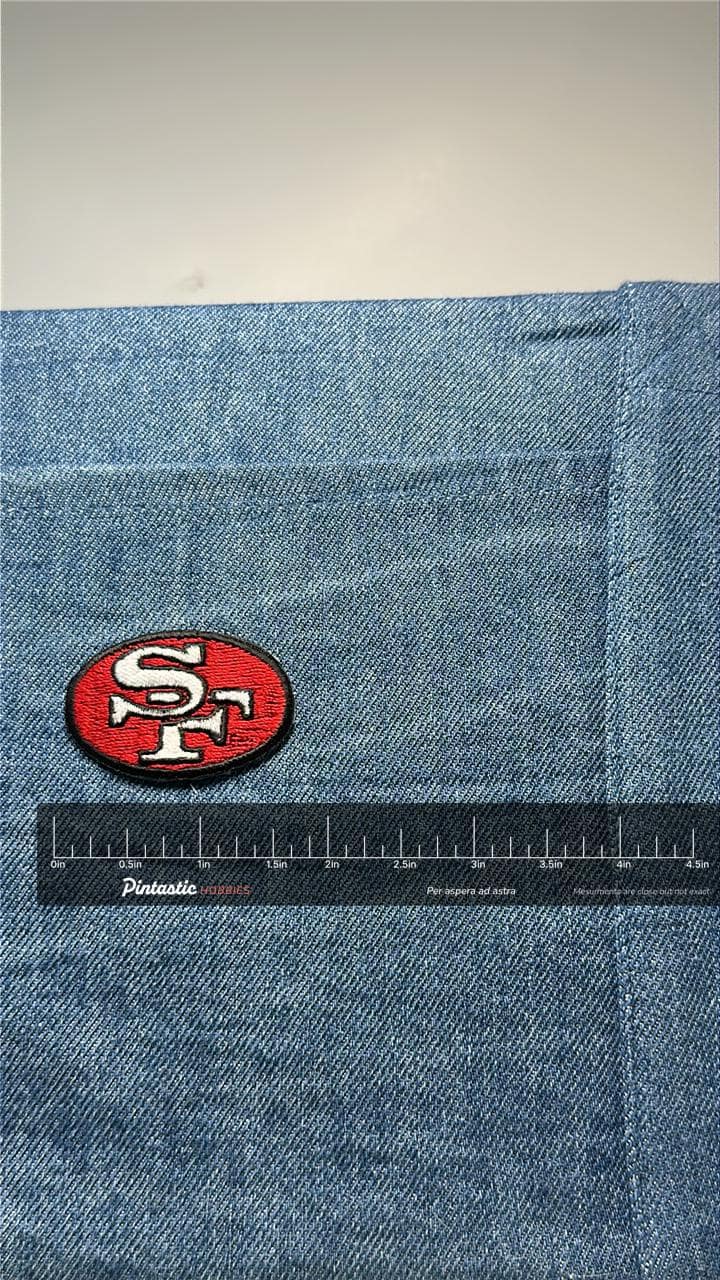 SF 49ers Collectable Patch: Iron-On Red Oval - Vintage Sports Accessory with ruler overlay for size reference