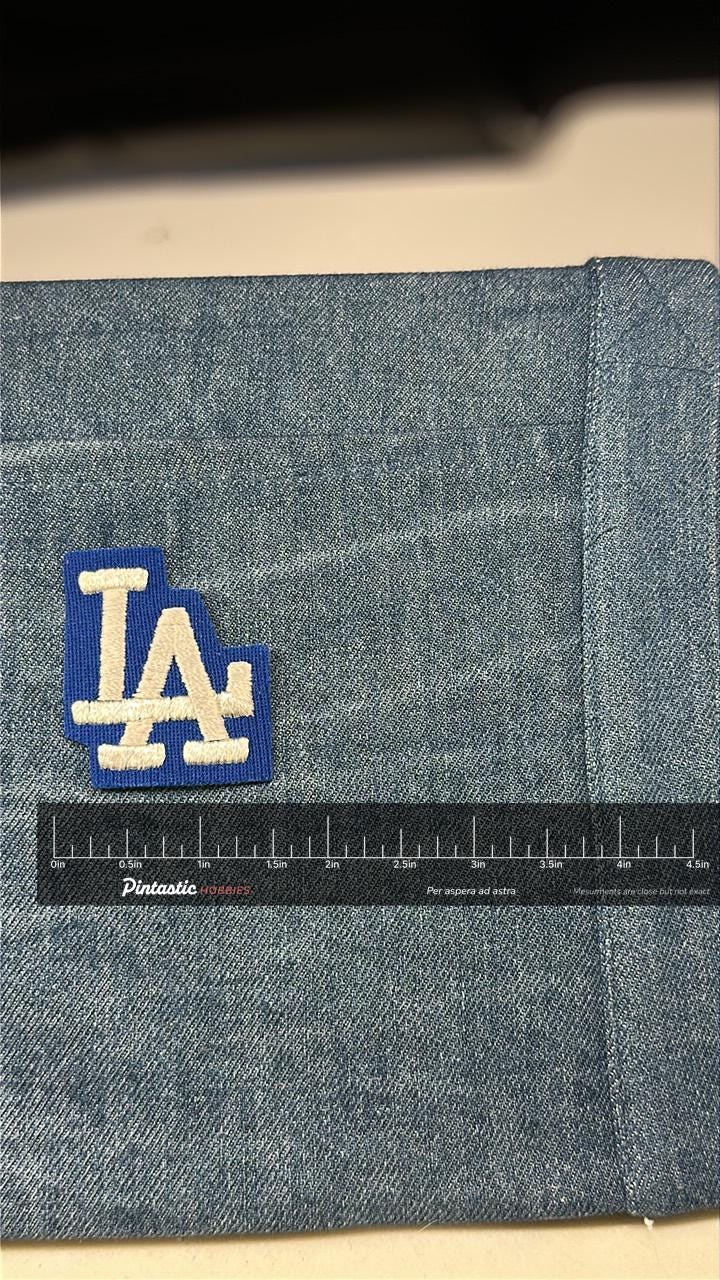 LA Dodgers Collectable Patch: Iron-On Blue & White - Vintage Baseball Accessory with ruler overlay for size reference