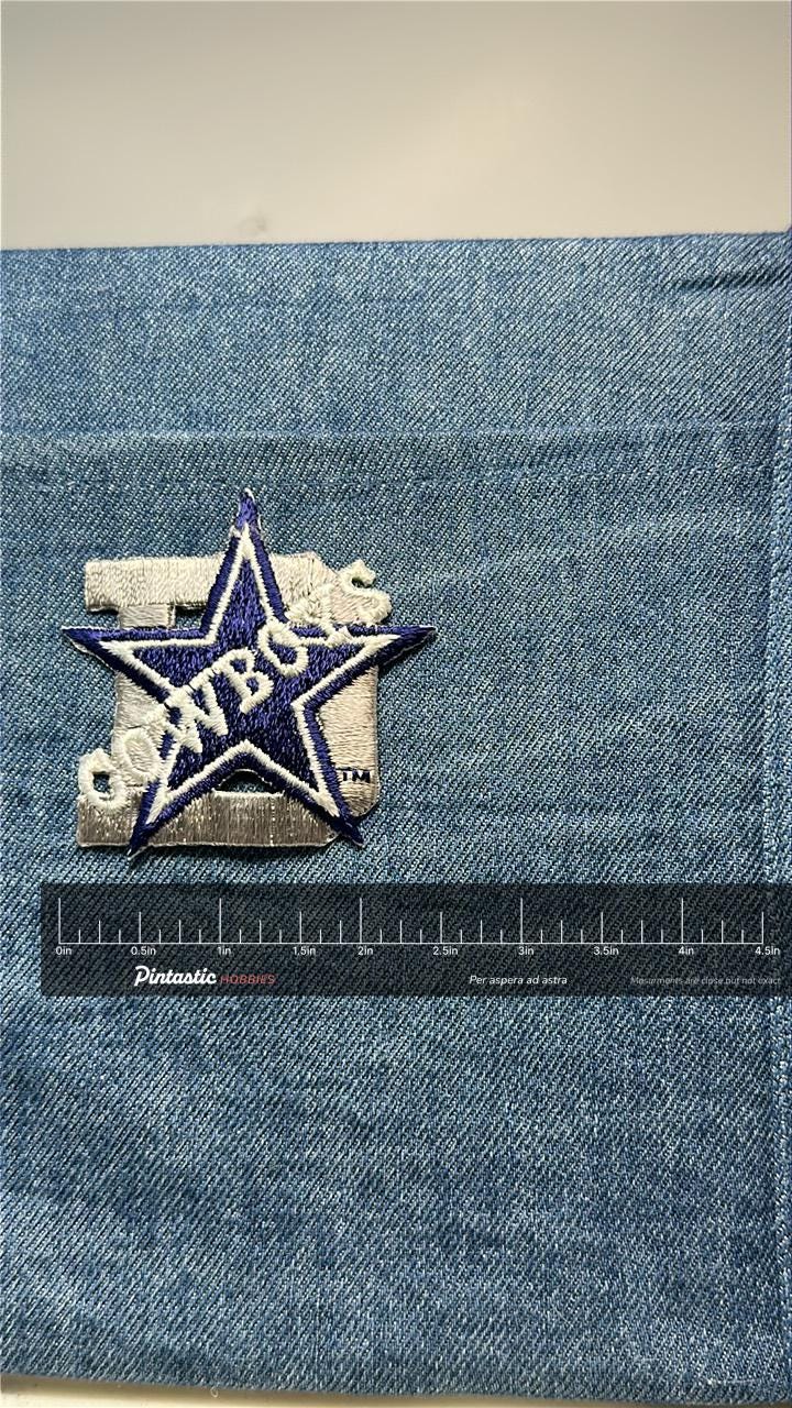 Dallas Cowboys Collectable Patch: Iron-On Blue & Silver - Vintage Sports Accessory with ruler overlay for size reference