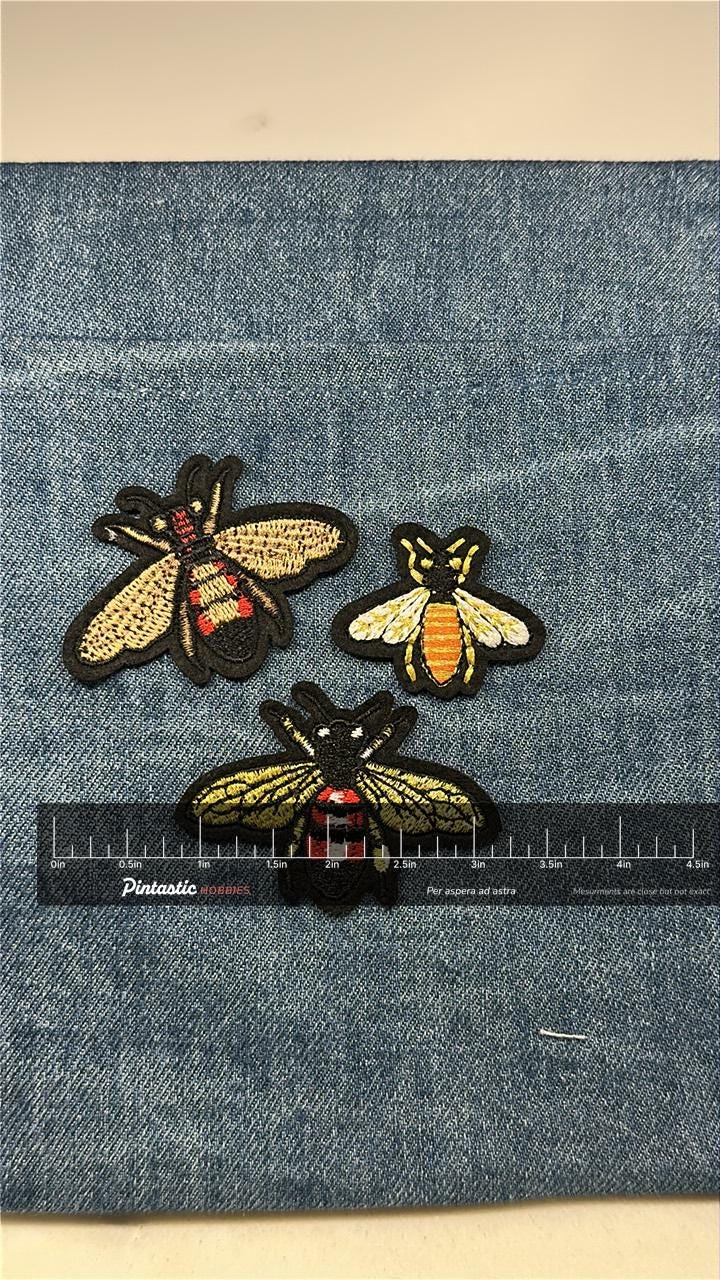 Bee Insect Patch Set: Iron-On Bold Color - Nature Theme Accessory with ruler overlay for size reference