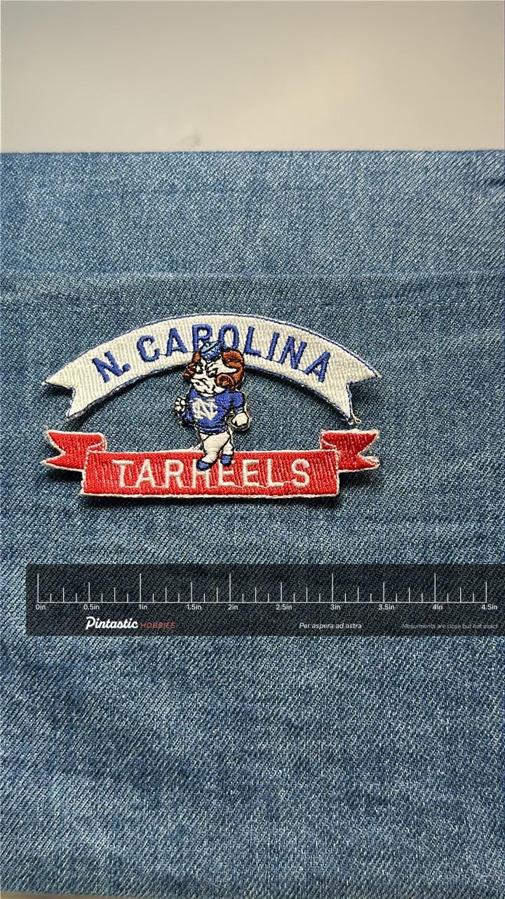 UNC Tar Heels Collectable Patch: Iron-On Vintage Mascot - College Accessory with ruler overlay for size reference