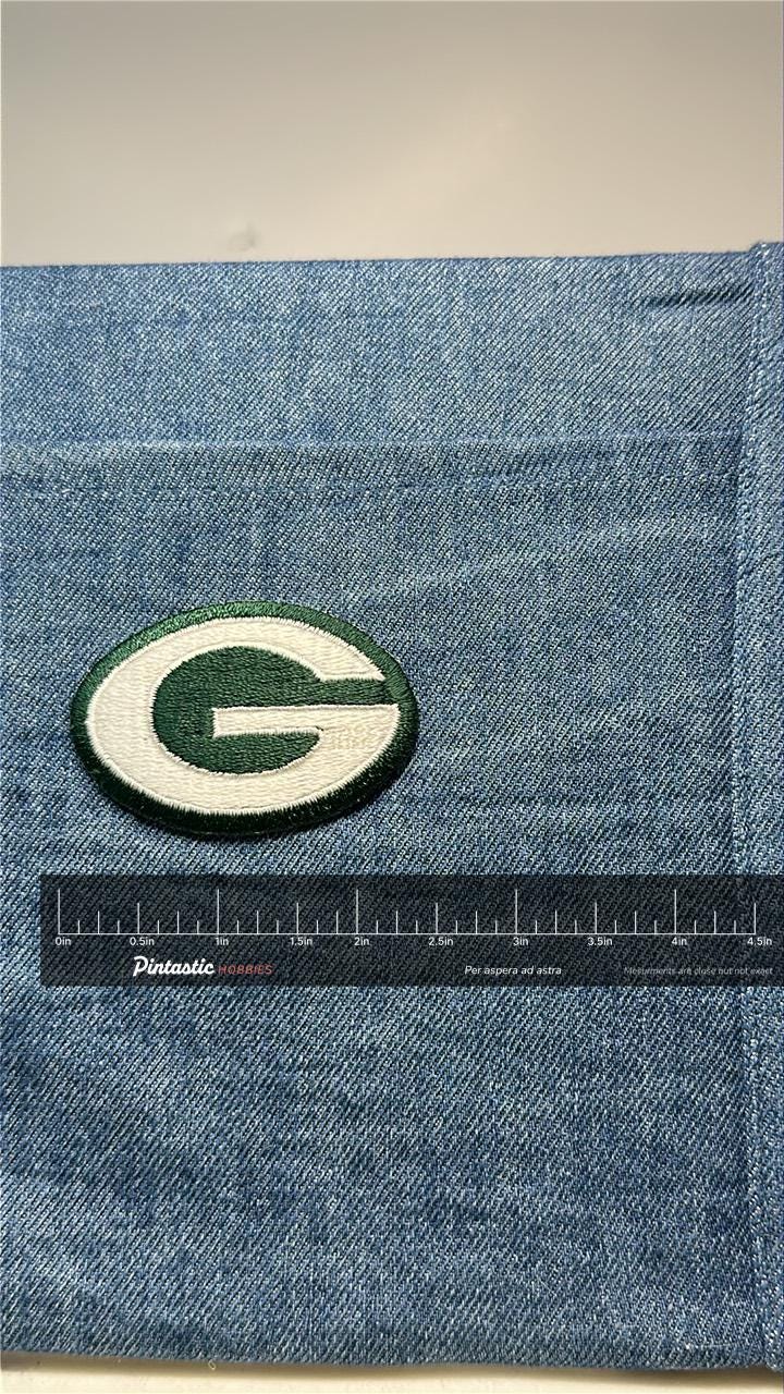 Green Bay Packers Patch: Iron-On Classic Green/White - Vintage NFL Accessory with ruler overlay for size reference