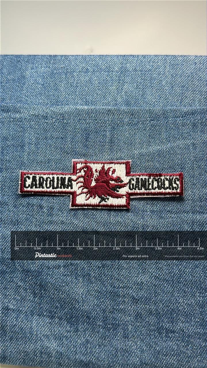 Carolina Gamecocks Patch: Iron-On Red/White - Vintage College Accessory with ruler overlay for size reference