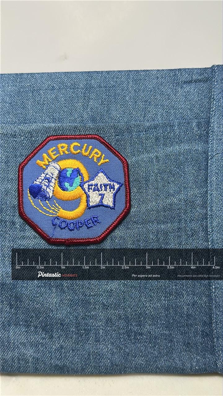 Mercury Faith 7 Collectable Patch: Iron-On Multicolor - Space Era Accessory with ruler overlay for size reference