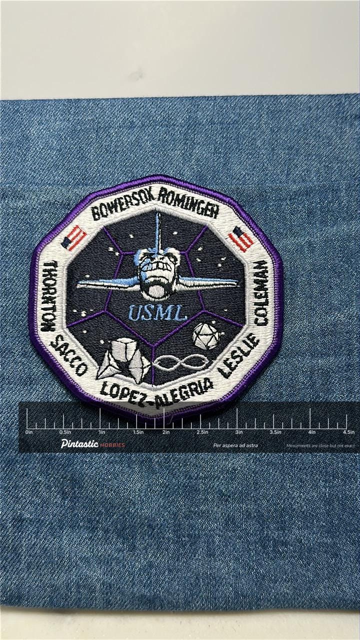 USML Shuttle STS-73 Mission Patch: Iron-On Multicolor Octagon - NASA Mission Accessory with ruler overlay for size reference