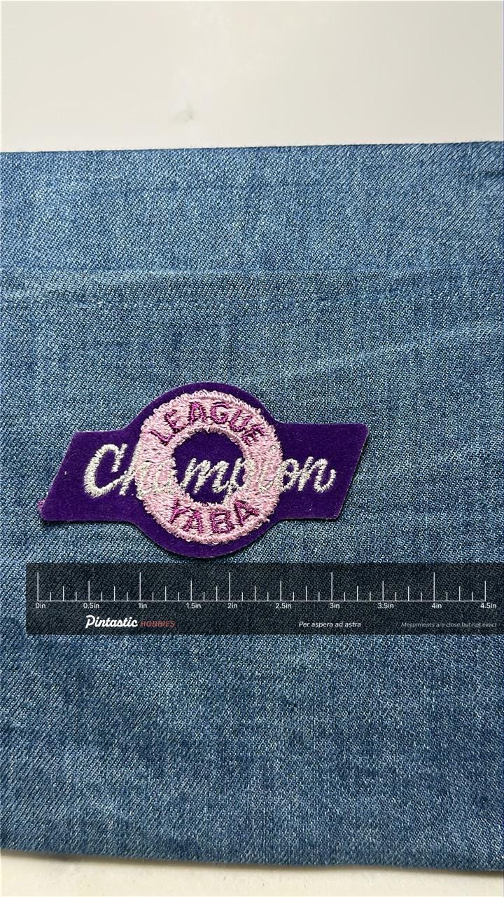 League Champion YABA Youth Bowling Patch: Iron-On Purple Felt - Vintage Accessory with ruler overlay for size reference