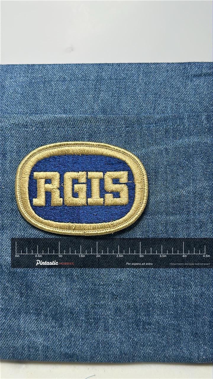 RGIS Collectable Patch: Iron-On Blue Gold Oval - Vintage Workwear Accessory with ruler overlay for size reference