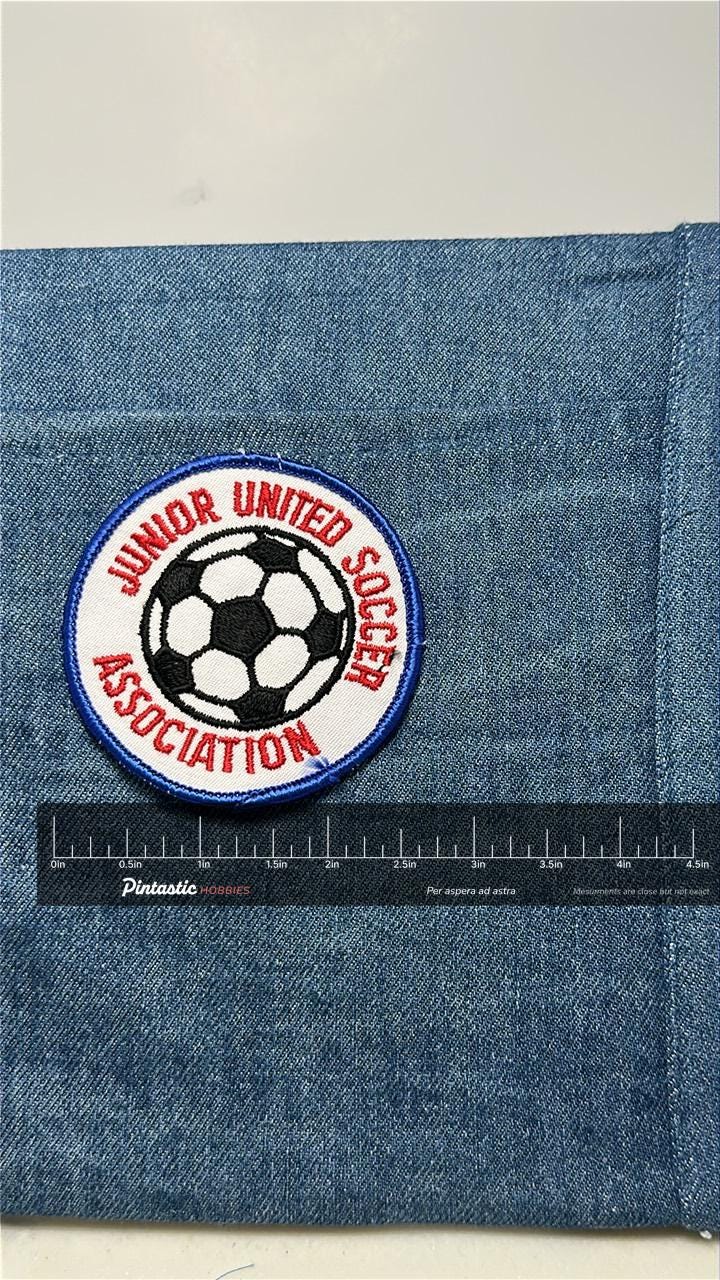 Junior Soccer Association Patch: Sew-On Red Blue Black - Youth Sports Accessory with ruler overlay for size reference