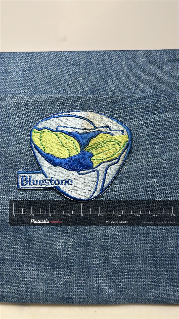 Bluestone Collectable Patch: Iron-On Blue & Green Style - Vintage Accessory with ruler overlay for size reference