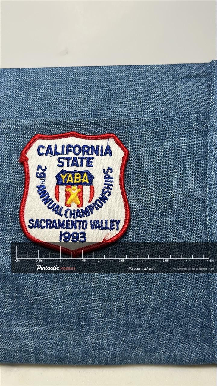 YABA California Patch: Iron-On Red Trim - 1993 Championship Accessory with ruler overlay for size reference