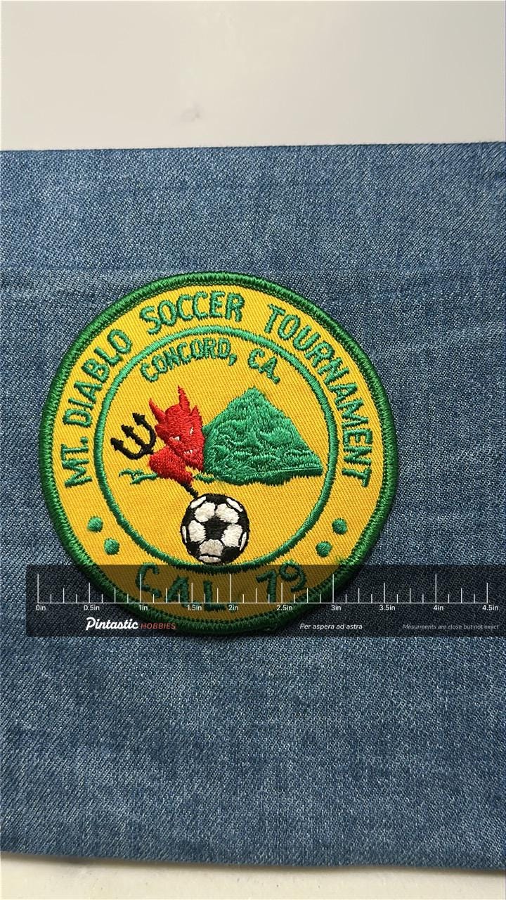Mt. Diablo Soccer Patch: Iron-On Yellow Green - 1979 Tournament Accessory with ruler overlay for size reference
