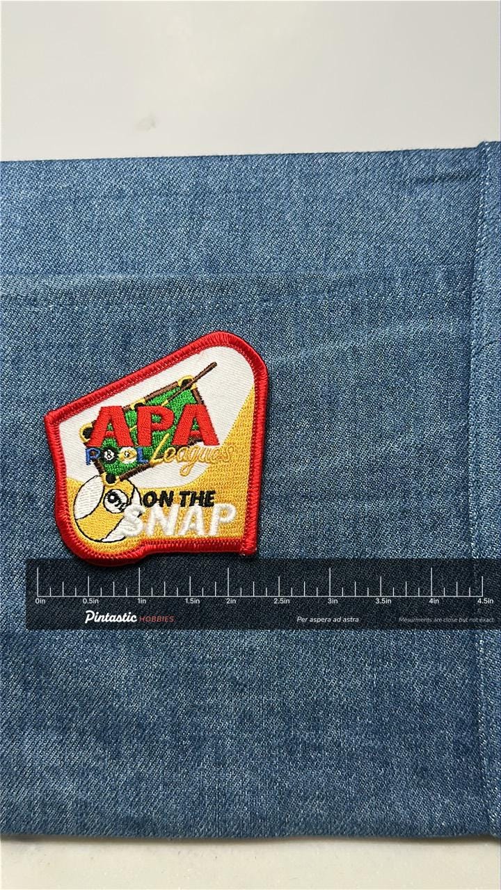 APA Pool Leagues Patch: Sew-On Bold Multi-Color - Sports Accessory with ruler overlay for size reference